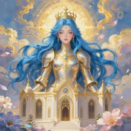 breathtaking detailed painting of a full shot knight queen with long flowing bright blue hair, pastel flowers petals and golden tumultuous clouds, art by pilyeon and yuumei art, symmetrical facial features, at dawn in front of a pristine golden art nouveau cathedral, elegant, volumetric lighting, highly detailed, artstation, concept art, matte, sharp focus,