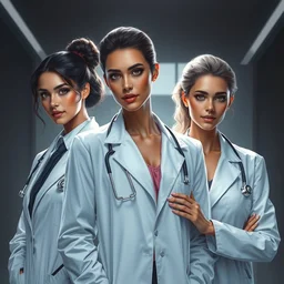 a poster of 3 elegant and beautiful doctors in white coats, cinematic, highly detailed, digital painting, artstation, concept art, matte, sharp focus, illustration, art by artgerm and greg rutkowski