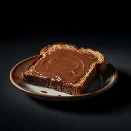 a piece of toast completely made out of chocolate. it's is on a plate with studio lighting. the shading is excellent. the chocolate toast looks very good and yummy.