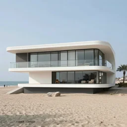 architecture ad for a mid-century modern house on the beach, designed by Frank Gehry. Film grain, cinematic, yellow hue