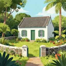 a typical house in a creole garden from reunion island illustration by tomer hanuka, trending on artstation
