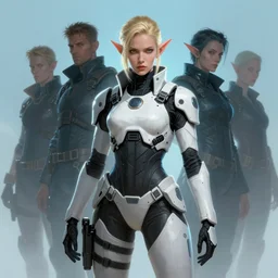 portrait of cyberpunk elf special force female wearing futuristic white and black tactical gear by atey ghailan, by greg rutkowski, simon stalenhag, greg tocchini, james gilleard, kaethe butcher, highly detailed, digital paintingdynamic lighting, gradient light blue, blonde white color scheme, grunge aesthetic