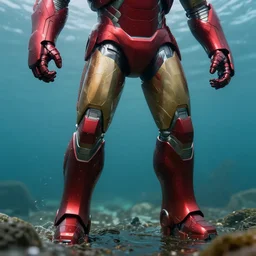 realistic advanced iron suit in the bottom of a lake