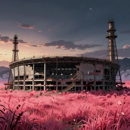 a beautiful hyperdetailed anime illustration of stadium unfinished building abandoned urbex nature building architecture industrial architecture by banksy, at dawn at dusk magic realism meadow anime infrared steampunk dieselpunk cosmic wilderness matte painting san andreas, archdaily, wallpaper, highly detailed, trending on artstation.
