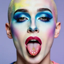 a colorful vibrant closeup portrait of a severed head with theatrical make up licking a tab of lsd acid on his tongue and dreaming psychedelic hallucinations, by kawase hasui, moebius, edward hopper and james gilleard, zdzislaw beksinski, steven outram colorful flat surreal design, hd, 8 k, artstation