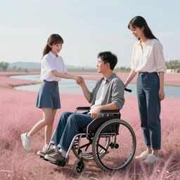 concept art by Neil Blevins, James Paick, Natasha  Tan Maciej Kuciara, highly detailed, ultra realistic  wheelchair user man holding hand anime girl clearing with pink grass and a river long-range plan cinematic lighting