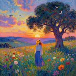 girl with a flower face, surreal photography, dream, standing in flower field, hills, big trees, sunrise dramatic light, impressionist painting, colorful clouds and birds in sky, digital painting, pointillism, artstation, simon stalenhag