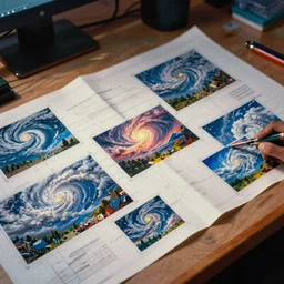 anamorphic photograph of detailed blueprints laid out on a draftsman table with pictures of apocalyptical severe weather patterns, detailed ambient lighting, hyper realistic, vibrant colors, cinematic, Pop art style, digital art painting by Alexandros Pyromallis, cinematic, 35mm grain filter, artstation