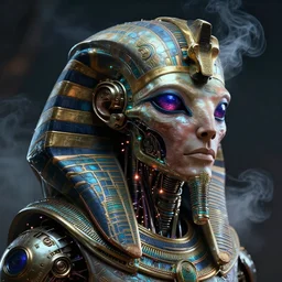 futuristic steampunk alien portrait, ancient egypt, mechanical internals, smoke, exposed wire sparks, hyper realistic shiny textures, 8 k, intricate details, fluorescent glow, science fiction space horror, unreal engine, dark, heavy shading
