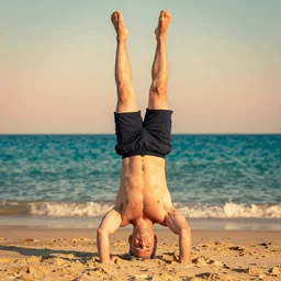 benjamin netanyahu doing a headstand at the beach, rich colors, warm, summer