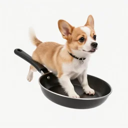 dog riding on a flying frying pan