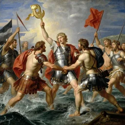 Roman legion doing battle with the ocean, classicism, romanticism, Renaissance, artwork, hyper detailed, 4k, masterpiece, Divine work, Artwork by De Morgan, Evelyn