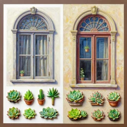 a painting of antique decorated windows, art print series and succulent pin pack an ultrafine detailed painting by hidrock, behance contest winner, naive art, trend in behance hd, 2 d game art, detailed painting