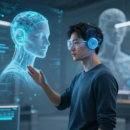human wearing a machine interface, communicating with the master ia permeating everything