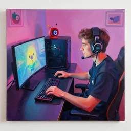 a painting of a twitch streamer playing video games on her pc, rgb lighting and cute decor, wearing a headset, by gil elvgren, 1 9 4 2