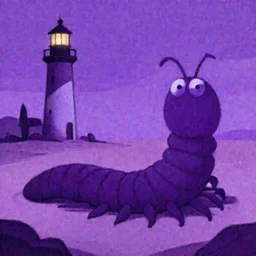 artgerm, norman rockwell, joshua middleton, purple color pallete, welcome to night vale, lighthouse in the desert, giant centipede, spooky strange weird quirky, cartoon, 2 d, shades of purple