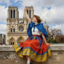 Girl sitting on the Notre-Dame Cathedral Day Clouds happy joyful vibrant skirt cape high resolution painterly in the art style John Singer Sargent