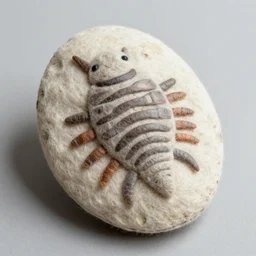 a well made handmade felt plush toy of a trilobite fossil.