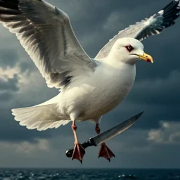 movie poster of a seagull gripping a knife with bloodshot eyes