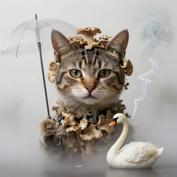photographic portrait of sad cat face robotic dried floral fungus with spiraling cigarette smoke, holding an umbrella and a swan, in fog, editorial