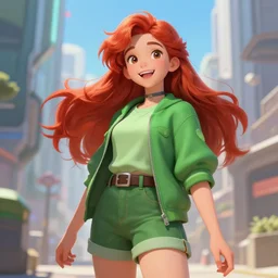 beautiful cute red haired joyful and playful nineteen year old maiden standing up in casual green clothing, long hair, attractive face, modern city, comic book, rpg character, sci - fi, intricate, elegant, digital painting, artstation, concept art, smooth, 8 k frostbite 3 engine, ultra detailed, art by artgerm, greg rutkowski, magali villeneuve