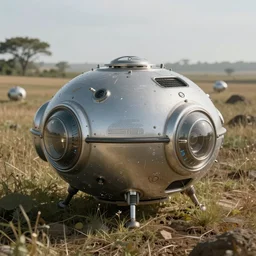 futuristic survival pods in a field, biotechnical design, intricate details