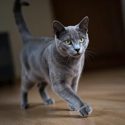 Fujichrome Provia 100F photograph of a Russian Blue cat, sigma 85mm f/1.4, 15mm, 35mm, tilted frame, extreme long shot, action shot, long exposure, 4k, high resolution, 4k, 8k, hd, wide angle lens, highly detailed, full color, harsh light and shadow, intoxicatingly blurry