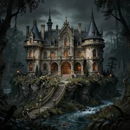 haunted mansion next to a ravine and stream and forest, low fantasy, detailed, intricate, elegant, haunting, luxurious, ominous, matte painting, dark fantasy, grimdark