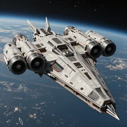 concept art of a gigantic futuristic spaceship through space, the ship is shaped like a spear with six huge thrusters on the back and has a brutalist and megalithic look, cinematic lighting, highly detailed, sci - fi, artstation hq
