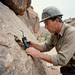 a surprised 1 8 0 0 th century miner finding a cellphone inside a granite rock, canyon valley, texas, usa, workforce, analog, photo, film, lens, 3 5 mm