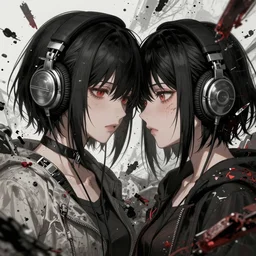 two beautiful lesbian girls in love, wearing headphones, destruction around them, end of the world, in the style of anime, close - up, highly detailed face, 4 k, artstation, intricate, chaotic, brutal, esoteric, highly detailed, stylized, japanese, amazing composition