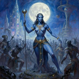fantasy art, action portrait oil painting, perfect expression, subconscious connects, purified consciousness, mahabharata war, beautiful battle, tiefling darkblue skin, moon, foundation, alien world, artifacts, valerian city luminous skies, yasushi nirasawa, moebius, hr giger, alex ross, stephen bliss, loish,