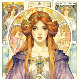 masterpiece head-on symmetrical centered painted portrait, Maya Ali as D&D sorcerer, hand drawn  Art Nouveau illustration watercolour, wearing wizard robes, delicate, elegant, tarot card background, in the style of ROSSDRAWS and Ruan Jia and Ross Tran and Alphonse Mucha and Ayami Kojima and Charlie Bowater and Karol Bak and Jean Delville, rich bright colours