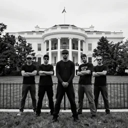 rap album cover, black and white photograph, rioters posing in front of the white house