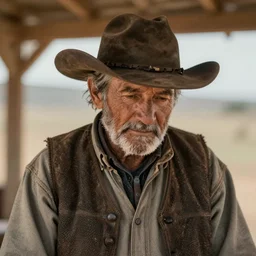 poignant portrait of an old man in the wild west 1 8 7 0, rugged, looking down