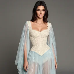 annie leibovitz style photoshoot editorial of kendall jenner wearing a fairy dress with cream lace bodice with sleeves of sheer pale blue sequins