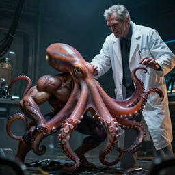 a muscular octopus superhero fighting an evil scientist, dramatic lighting, cinematic, establishing shot, extremely high detail, photo realistic, cinematic lighting, post processed, concept art, artstation, matte painting, style by eddie mendoza, raphael lacoste, alex ross