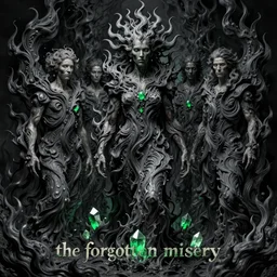 the forgotten misery by michael whelan and roger dean and brom and hubert robert and greg staples and donato giancola, beautiful, flowing magical flesh robe, highly detailed, hyperrealistic, intricate, horror, darkness, black flame, low light, green crystal, high contrast, old and young, lifelike