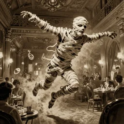 action sepia painting of an undead flying mummy, in a 1 9 2 0 s hotel ballroom, with wrappings with nabeatean writing floating around it, by richard corben, atmospheric lighting, brooding, painted, intricate, ultra detailed, well composed, best on artstation, cgsociety, epic, horror, stunning, gorgeous, intricate detail, much wow, masterpiece, cinematic aesthetic octane render, 8 k hd resolution,