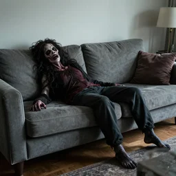 strange horrifying bio - anomaly laying on the living room sofa