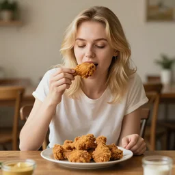 an ukrainian woman sitting on a wooden chair with blonde hair, eating fried chicken, photorealistic, 4 k