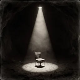 chair under a cone of light in a infinite dark cave, by asaf hanuka, by caravaggio michelangelo merisi, by kiki smith, octane render, pinhole photography, daguerrotype, orthographic, dof, sepia, high contrast, spotlight, artificial lighting, edison bulb, sunken in black water, dark space, void, black hole