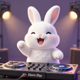 super cute fluffy white screaming happy bunny rabbit DJing with DJ turntables, photoreal