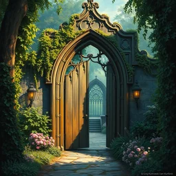 an old wooden gothic doorway with arc in a gothic garden leading to a portal of unknown, painted by greg rutkowski and dan mumford, thomas kinkade