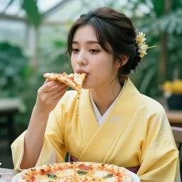 close up portrait of a beautiful woman wearing a yellow kimono while eating a pizza in a tropical greenhouse, bokeh, cinematic colors