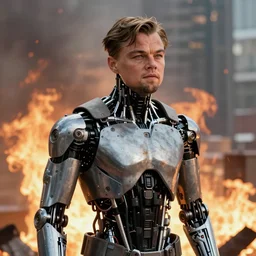 Film still of leonardo dicaprio as The Terminator, half of face is cybernetic and exoskeleton exposed, photorealistic, burning city background