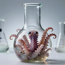 a glass lab flask filled with opalescent closeup hard alien tentacles many tiny eyeballs very tasty studio lighting 8 k