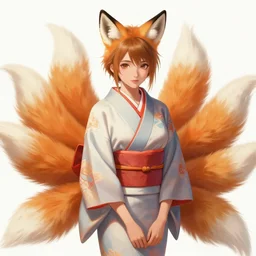 A beautiful digital painting of a beautiful young woman with fox ears and nine fox tails wearing a kimono, by Stanley Artgerm Lau, WLOP, Rossdraws, James Jean, Andrei Riabovitchev, Marc Simonetti, and Sakimichan, tranding on artstation, SFW version