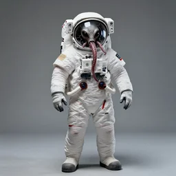 extremely detailed studio portrait of space astronaut, alien tentacle protruding from eyes and mouth, slimy tentacle breaking through helmet visor, shattered visor, full body, soft light, plain studio background, disturbing, shocking realization, award winning photo by rehahn