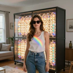 photograph of young woman wearing sun glasses standing in front of dazzling orgone accumulator in suburban living room, crisp focus, highly detailed, rainbow light, in roger deakins style, 4 k, ultra sharp
